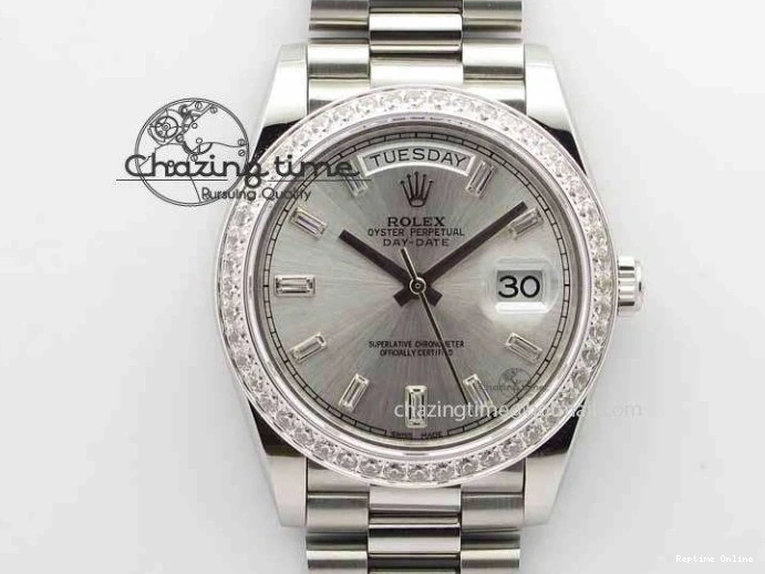 0126 TechFriendly Day Date 40mm SS BP Maker Best Edition Diamond Bezel Silver Dial On SS Bracelet ETA 3696